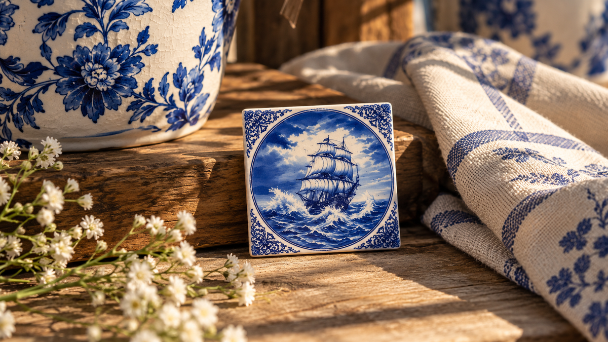 Delft Blue tile with sailing ship from Dutch Heritage Cosmetics